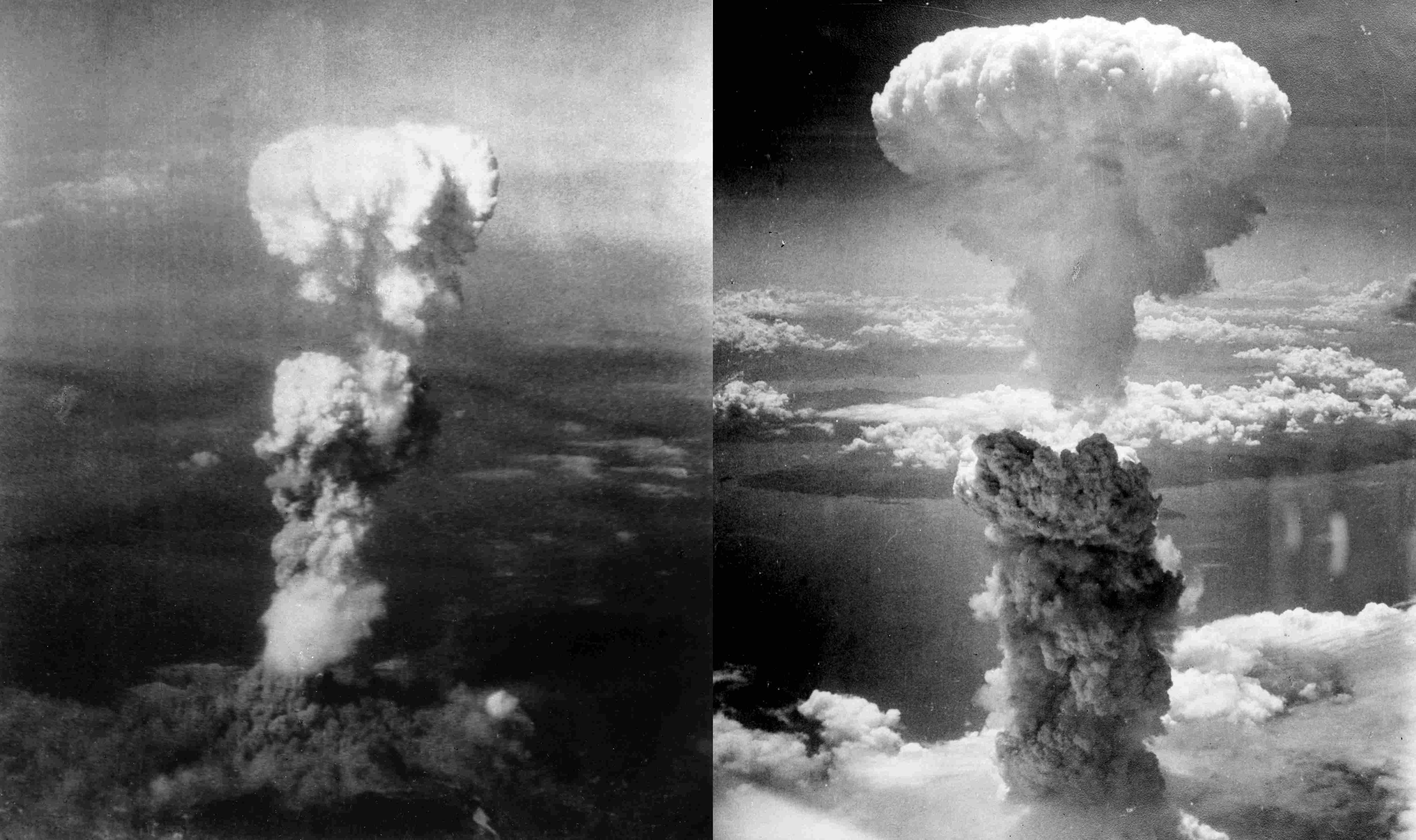 Die Atombombenabwürfe über Naggasaki (rechts) und HIroshima (links) forderten Hunderttausende Menschenleben. (Bild: Binksternet)
