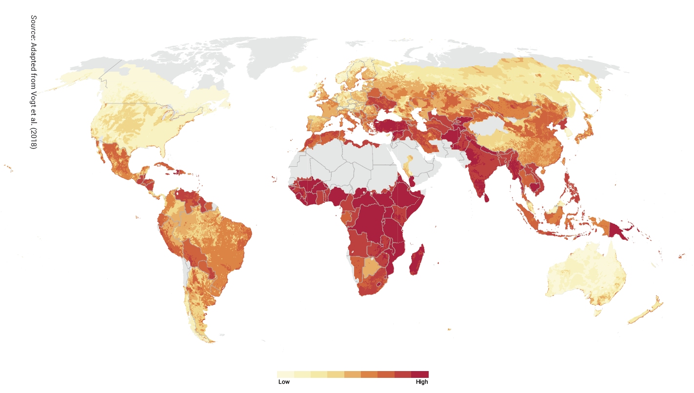 Je röter, desto grösser ist die Dürregefahr für Agrarflächen. Am stärksten betroffen ist Afrika. 